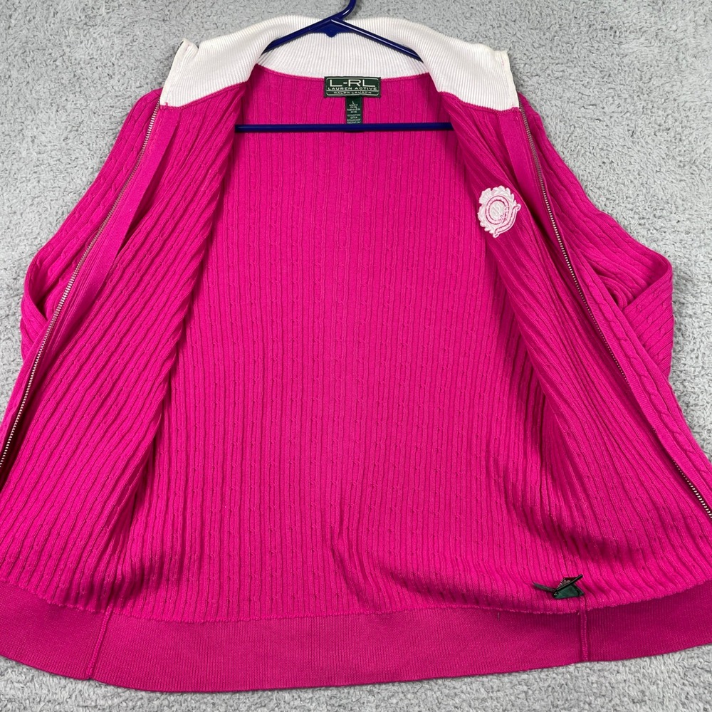 Lauren Active Ralph Lauren Full Zip Sweater Womens Large Pink Cable Knit Crest - Picture 4 of 11